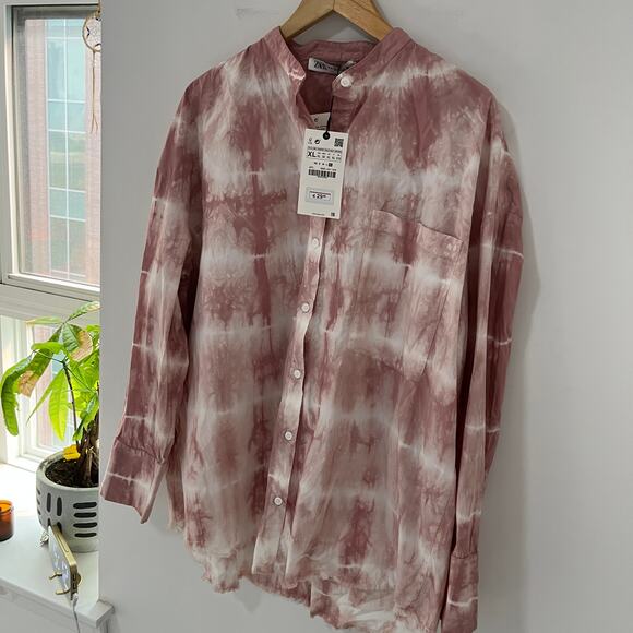 NEW Zara Pink Tie Dye Dye Relaxed Fit Button Up Top Size XL - Picture 5 of 6